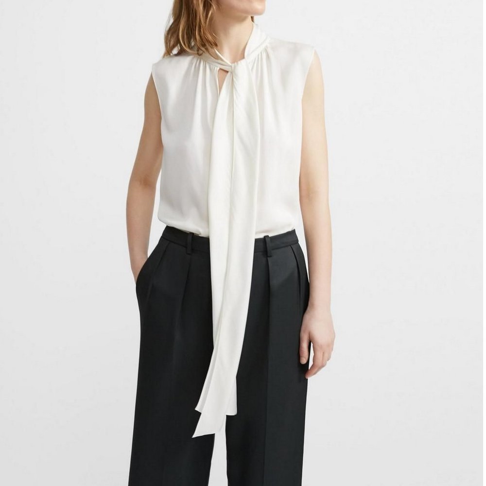 NWT Theory Scarf Tie Stretch Silk Blouse Ivory Large Elegant Workwear Top